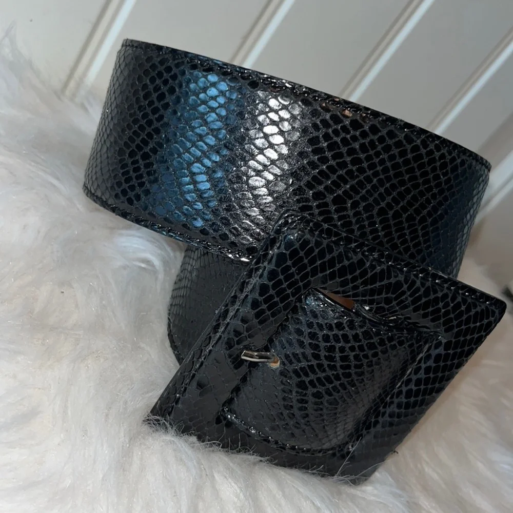Black Snake-Embossed Wide Italian Leather Belt